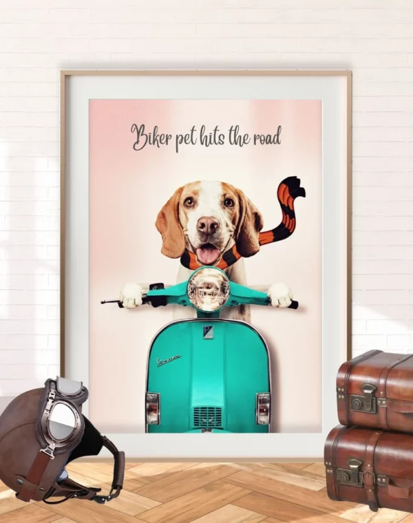 Funny and Cute custom pet portrait in a Vespa